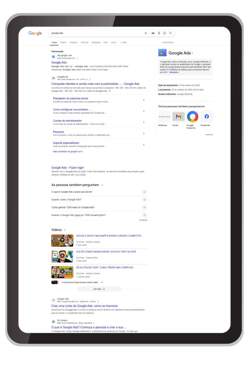 Tablet exibindo uma página de resultados de pesquisa do Google