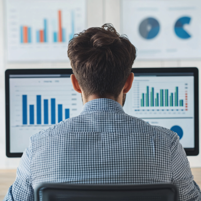 Profissional analisando gráficos de desempenho em dois monitores