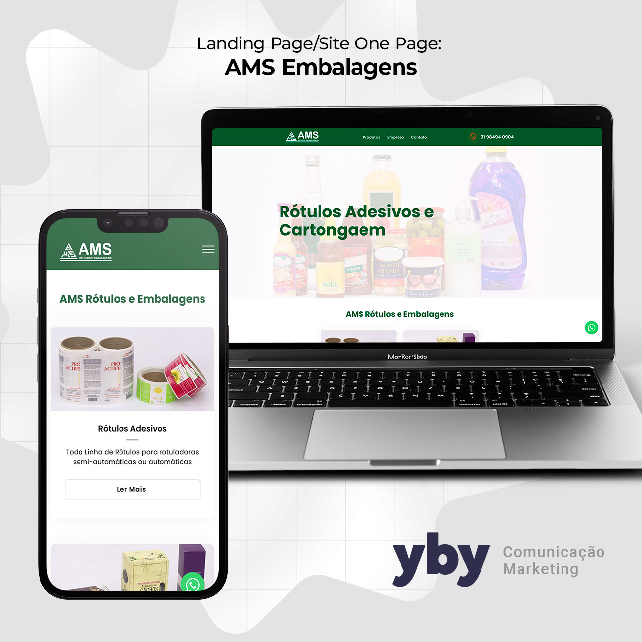 Site AMS Embalagens em notebook e celular