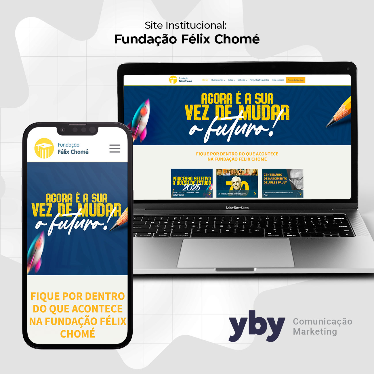 Site da Fundação Felix Chome em notebook e celular