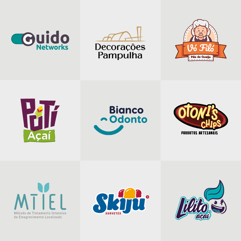 Logos criados pela Yby Comunicação: Guido Networks, Decorações Pampulha, Vó Filó, Puti Açaí, Bianco Odonto, Otoni’s Chips, Mtiel, Skiju e Lilito Açaí